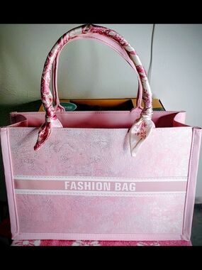 Pink, Black, White, Silver Fashion Tote Bag with Scarf-Wrapped Handles